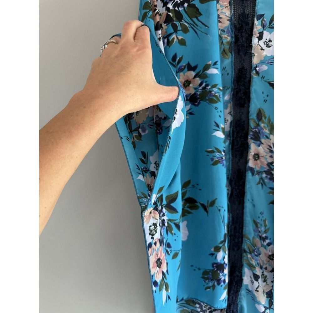 Floral Kimono Cardigan Lace Crochet Sheer Cottage Beach Boho Open Front Duster M - Picture 5 of 15